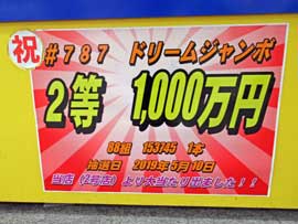 ドリームジャンボ宝くじで2等1000万円が出たという看板